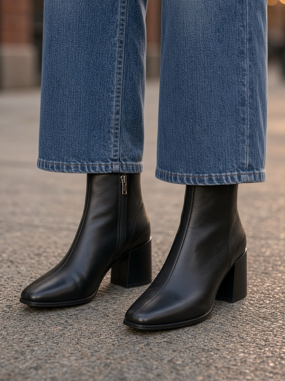 NIB Halston Black Square Toe Block Heel Booties Size 7
